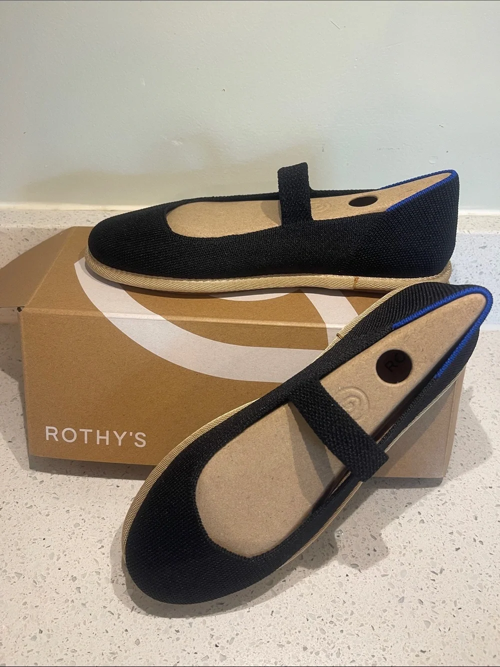 Rothy's Black Knit Mary Jane Flats with Blue Trim